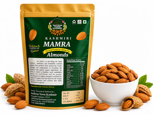 Close-up of Kashmiri Mamra almonds showing texture