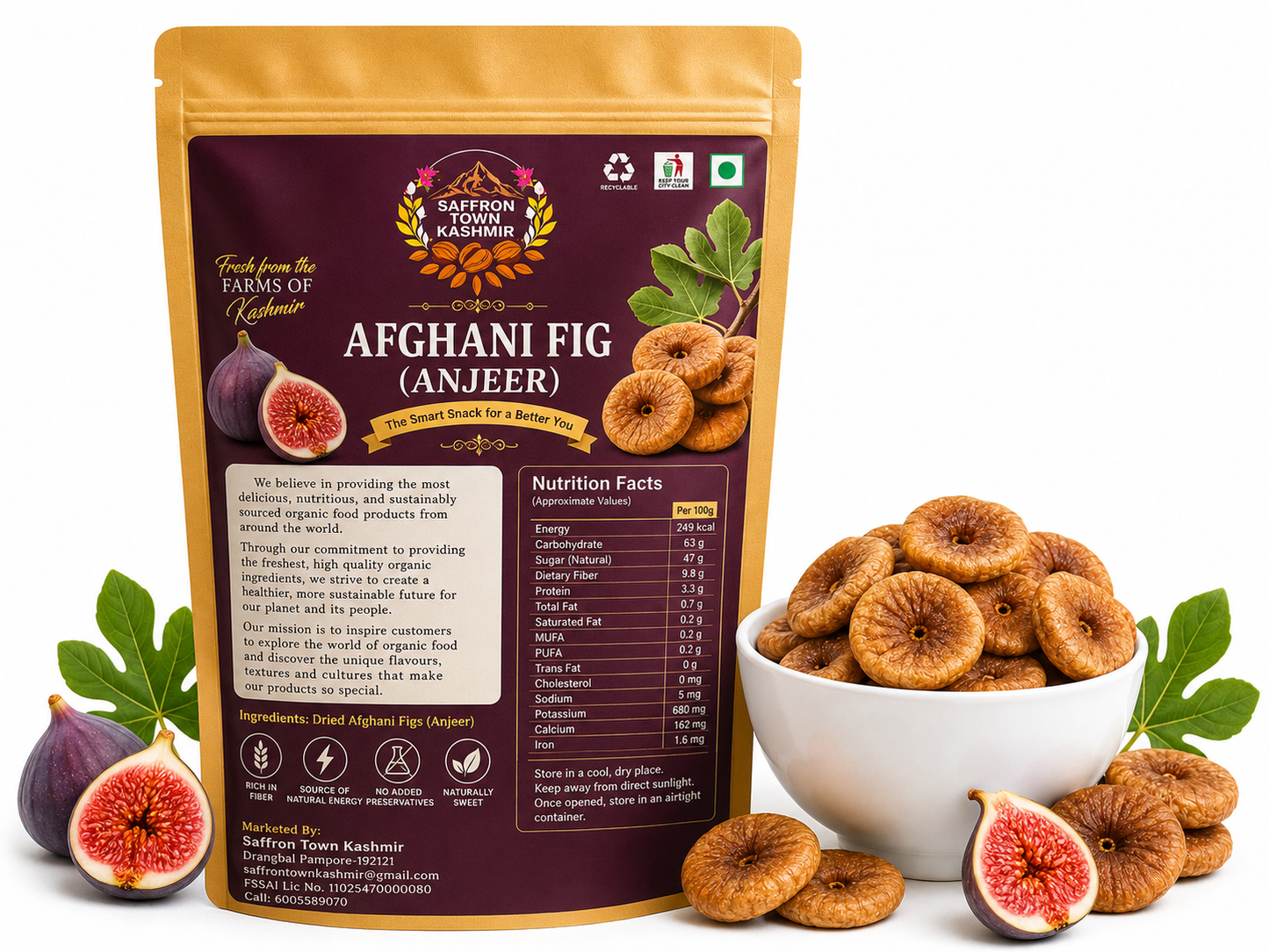 SaffronTownKashmir&Co™ Afghani Figs (Anjeer) – Premium Handpicked Dried Figs | Rich in Fiber & Antioxidants | Healthy Snack
