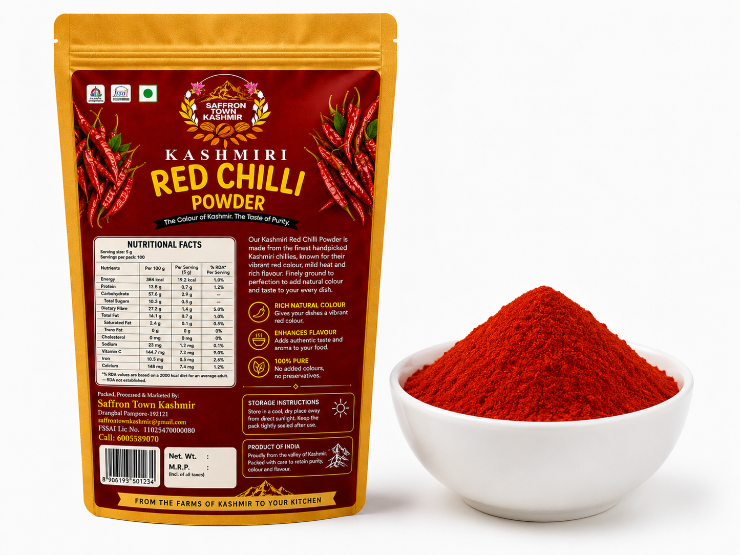 SaffronTownKashmir&Co™ Premium Kashmiri Red Chilli Powder | 100% Pure & Natural | Rich Color | Mild Heat