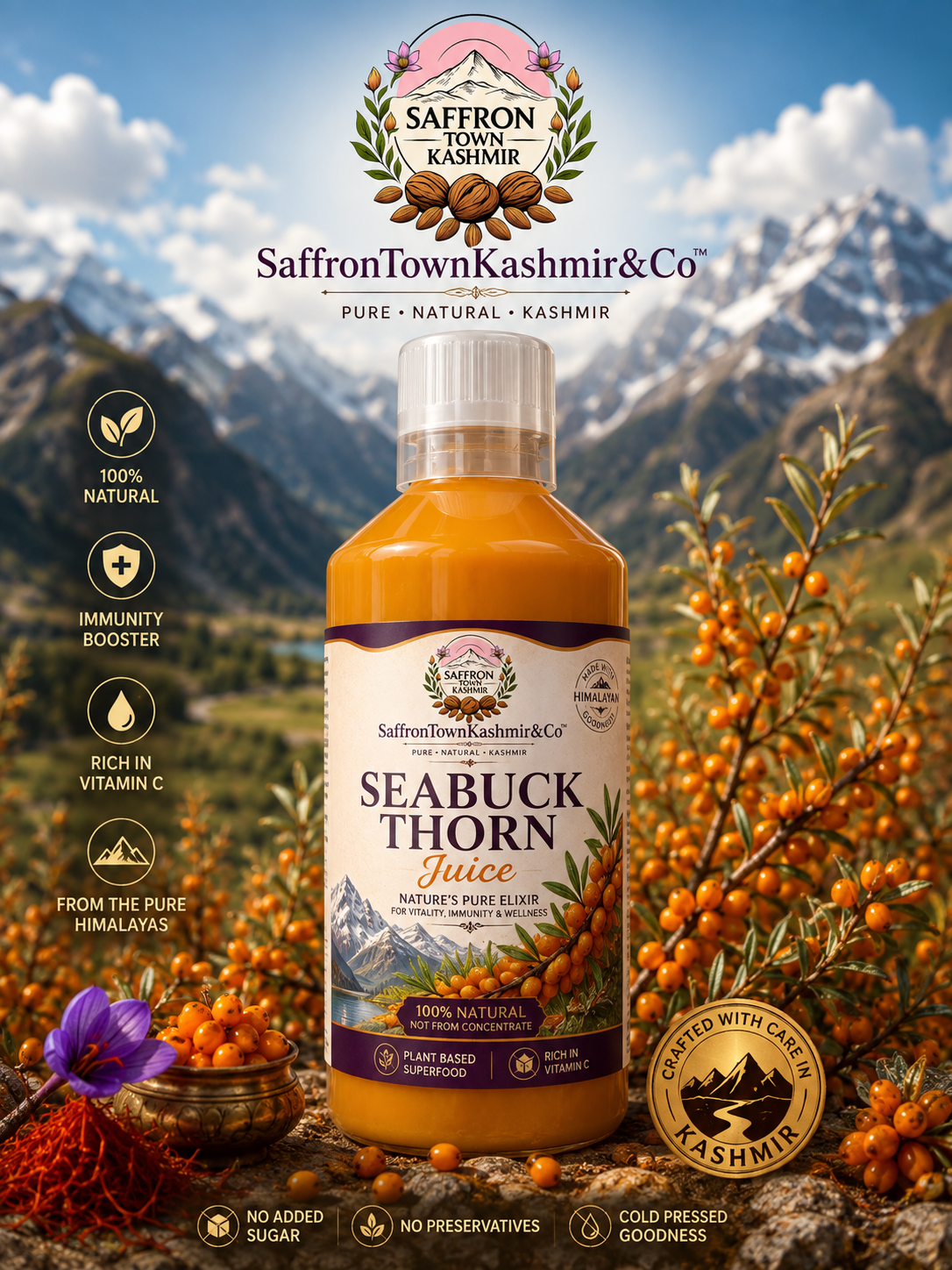SaffronTownKashmir&Co™ Premium Sea Buckthorn Juice | Pure Himalayan Sea Buckthorn Juice | Natural Sea Buckthorn Berry Juice